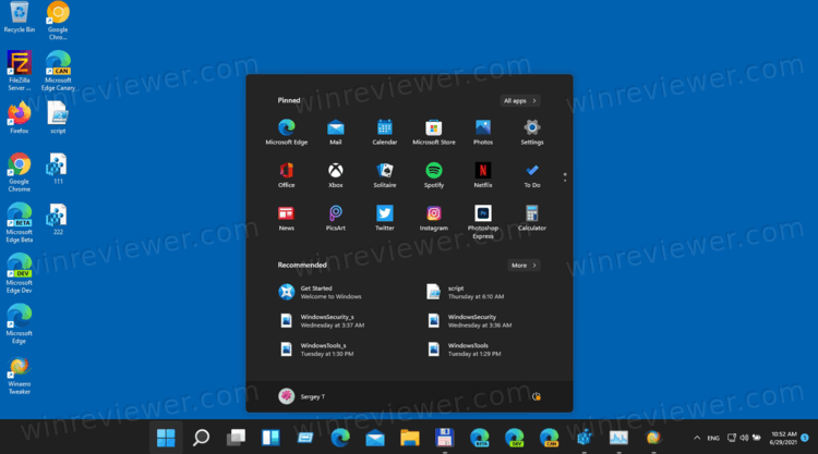 Расположение панели задач по умолчанию в Windows 11