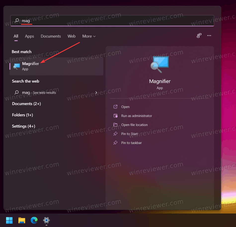 открыть экранную лупу из Поиска Windows