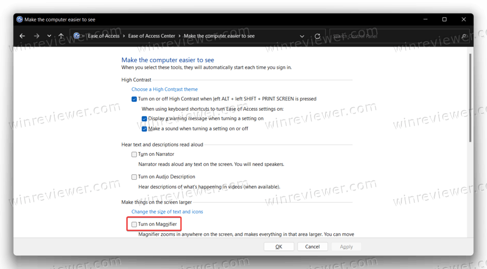 Включить экранную лупу в панели управления Windows 11