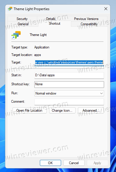 Пример ярлыка с Theme Switcher
